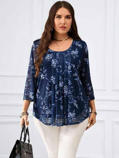 EMERY ROSE Plus Size Women Elegant Purple Floral Print 3/4 Sleeve Blouse,Autumn Family Matching,Casual Bohemia Holiday Vacation Everyday Wear,Fashionable Top