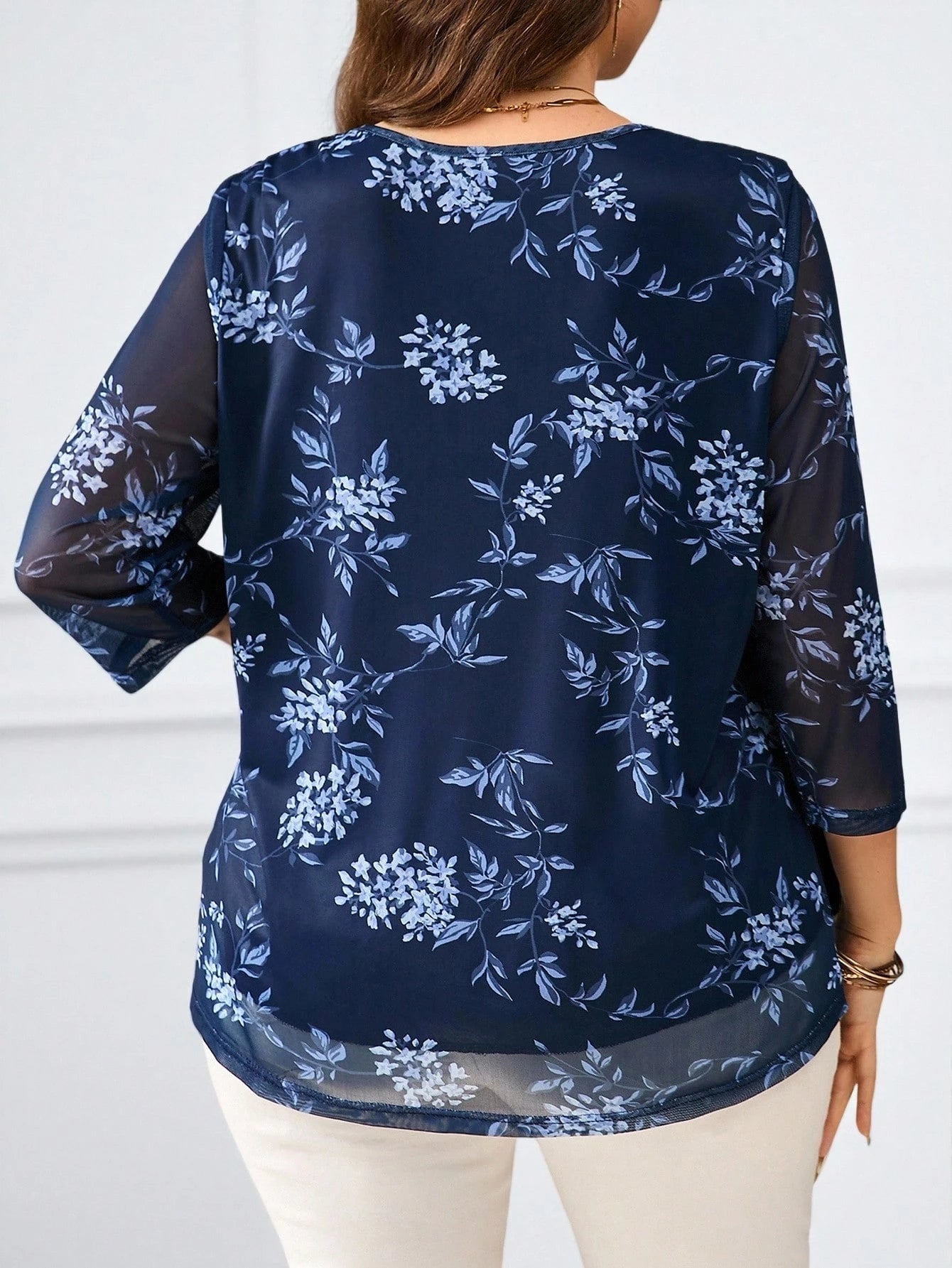EMERY ROSE Plus Size Women Elegant Purple Floral Print 3/4 Sleeve Blouse,Autumn Family Matching,Casual Bohemia Holiday Vacation Everyday Wear,Fashionable Top