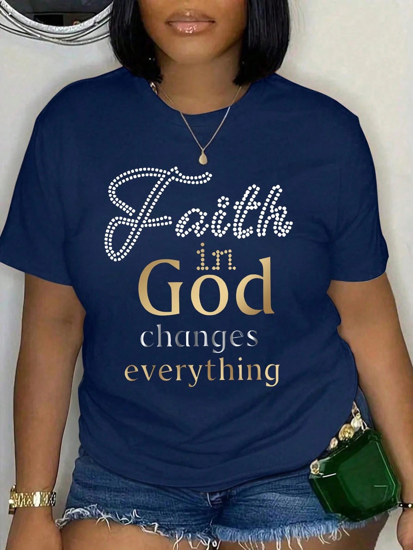 EMERY ROSE Plus Size Women Faith In God Changes Everything Letter Print T-Shirt,Navy Blue Summer Casual Everyday Sports Short Sleeve Inspirational Graphic Tees