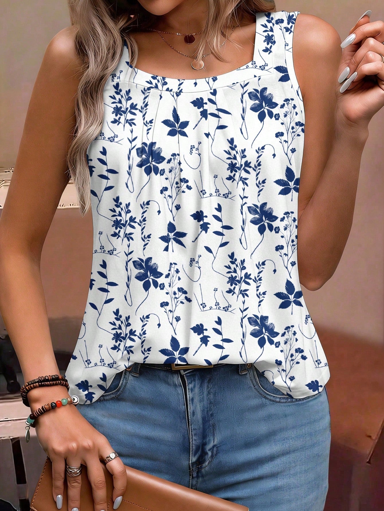 EMERY ROSE Plus Size Women Floral Print Pleated Casual Versatile Daily Wear Top