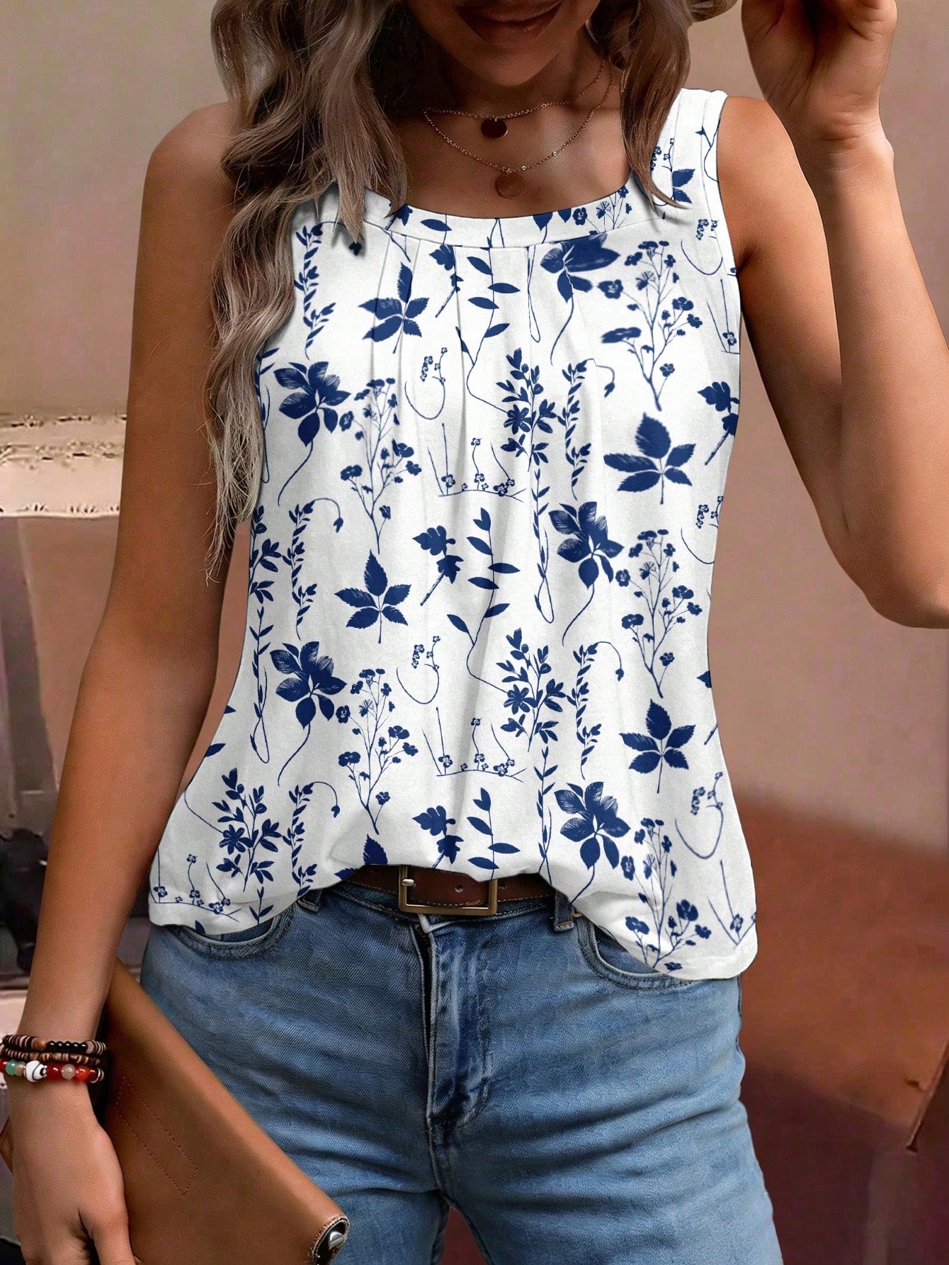EMERY ROSE Plus Size Women Floral Print Pleated Casual Versatile Daily Wear Top