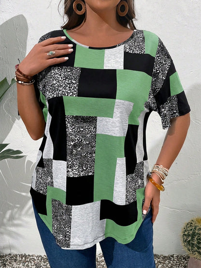 EMERY ROSE Plus Size Women Geometric Print Round Neck Short Sleeve Casual Versatile T-Shirt