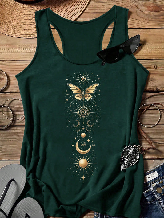 EMERY ROSE Plus Size Women Golden Moon & Butterfly Print Casual Minimalist Camisole Tank Top, Suitable For Summer Back To School