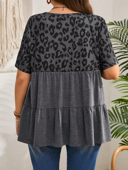 EMERY ROSE Plus Size Women Leopard Patchwork Grey Short Sleeve T-Shirt, Summer For Women, Spring