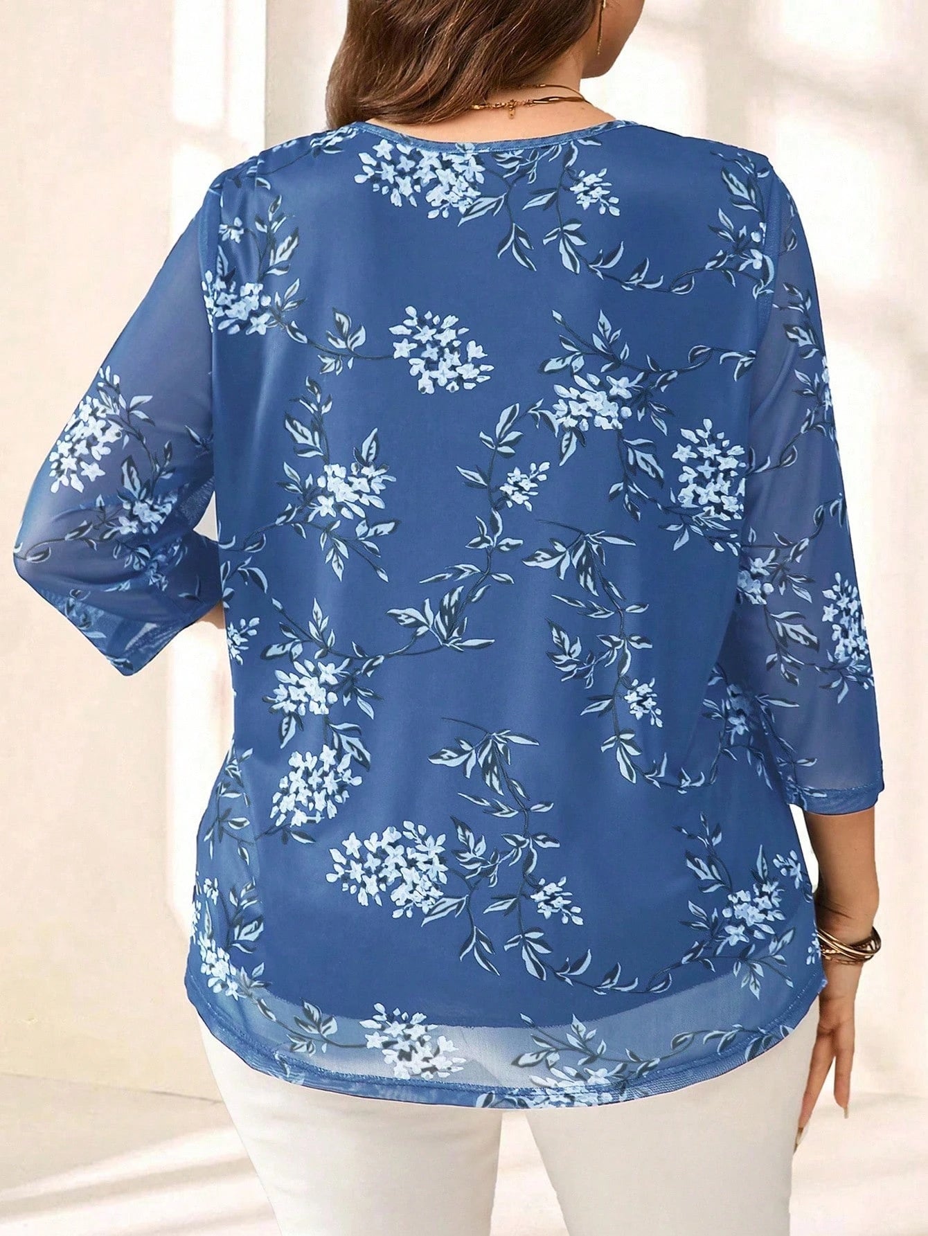 EMERY ROSE Plus Size Women Navy Floral Print 3/4 Sleeve Blouse,Summer Fall