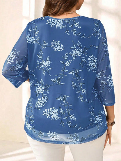 EMERY ROSE Plus Size Women Navy Floral Print 3/4 Sleeve Blouse,Summer Fall