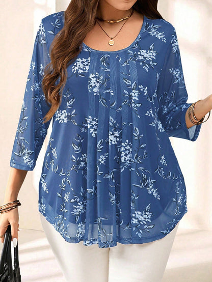 EMERY ROSE Plus Size Women Navy Floral Print 3/4 Sleeve Blouse,Summer Fall
