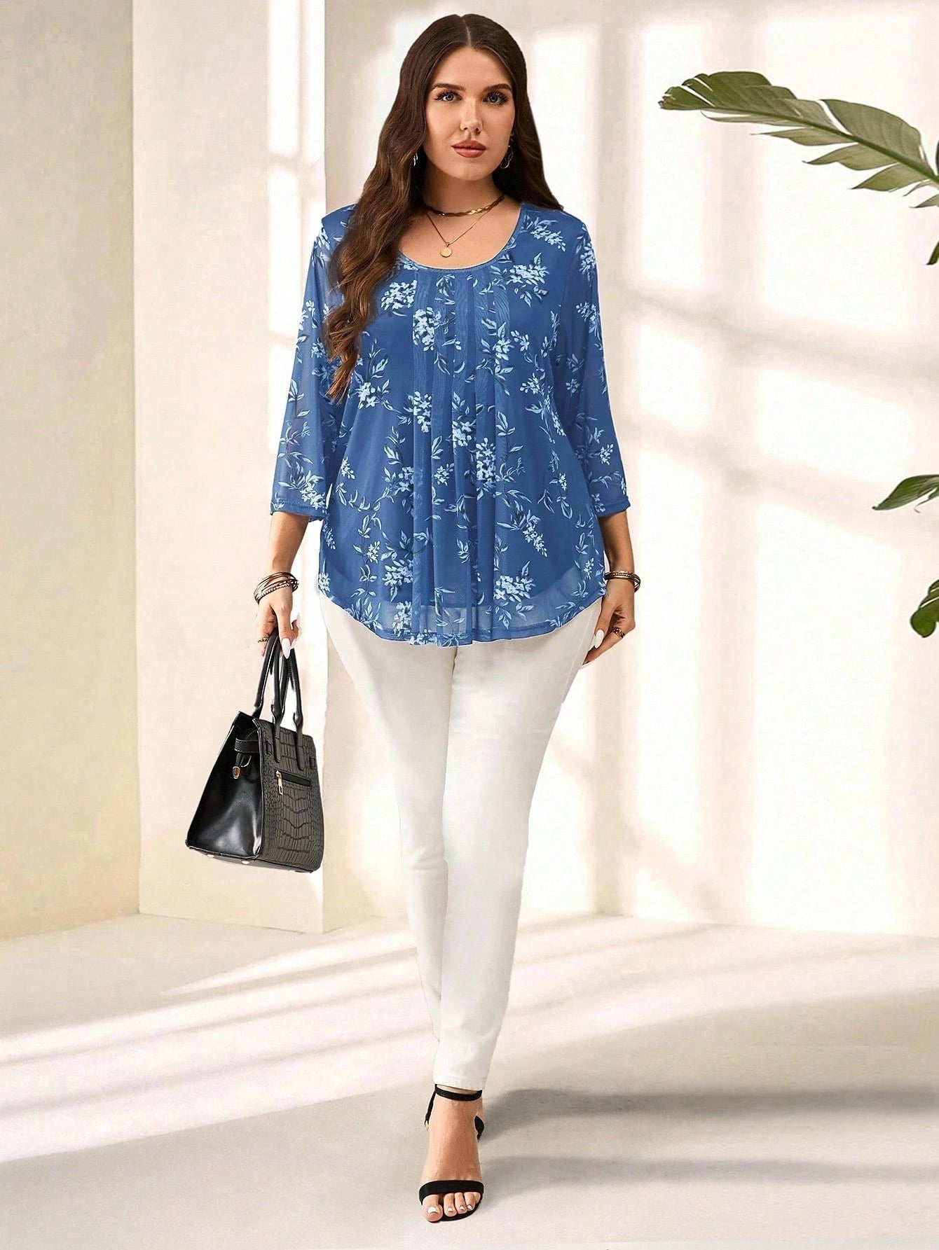 EMERY ROSE Plus Size Women Navy Floral Print 3/4 Sleeve Blouse,Summer Fall