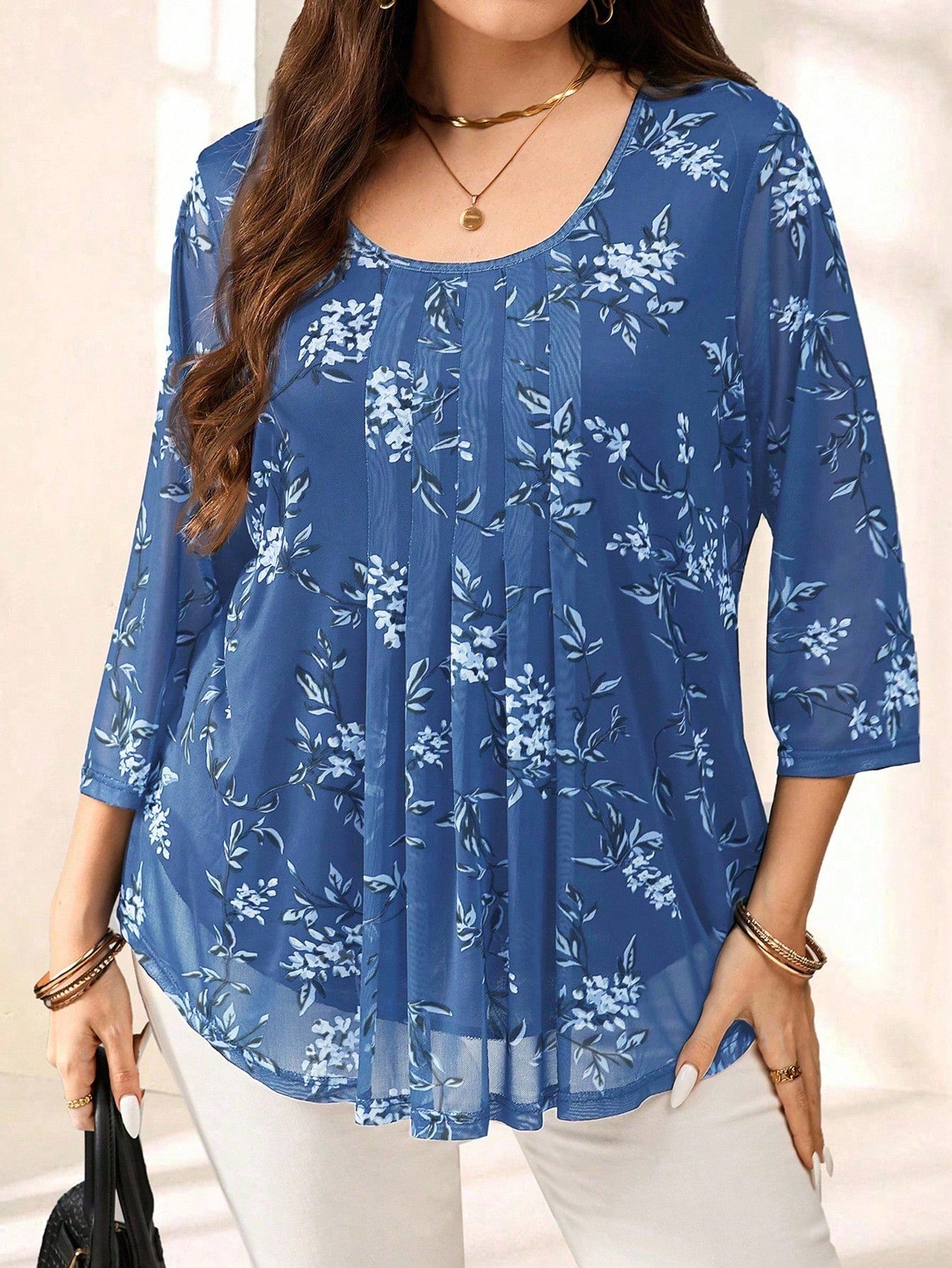 EMERY ROSE Plus Size Women Navy Floral Print 3/4 Sleeve Blouse,Summer Fall