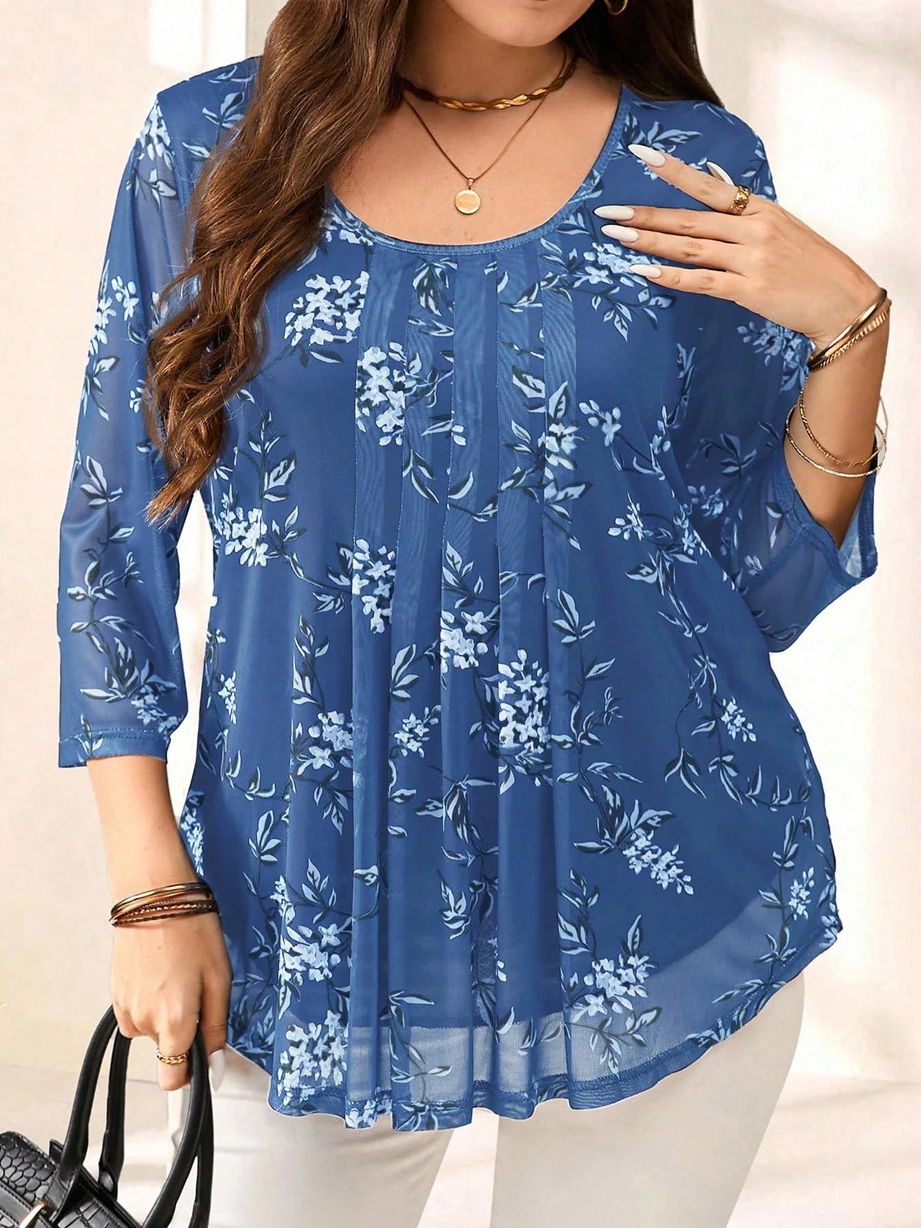 EMERY ROSE Plus Size Women Navy Floral Print 3/4 Sleeve Blouse,Summer Fall