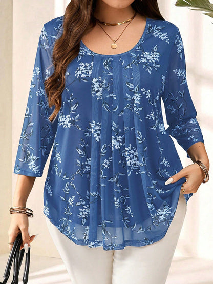 EMERY ROSE Plus Size Women Navy Floral Print 3/4 Sleeve Blouse,Summer Fall