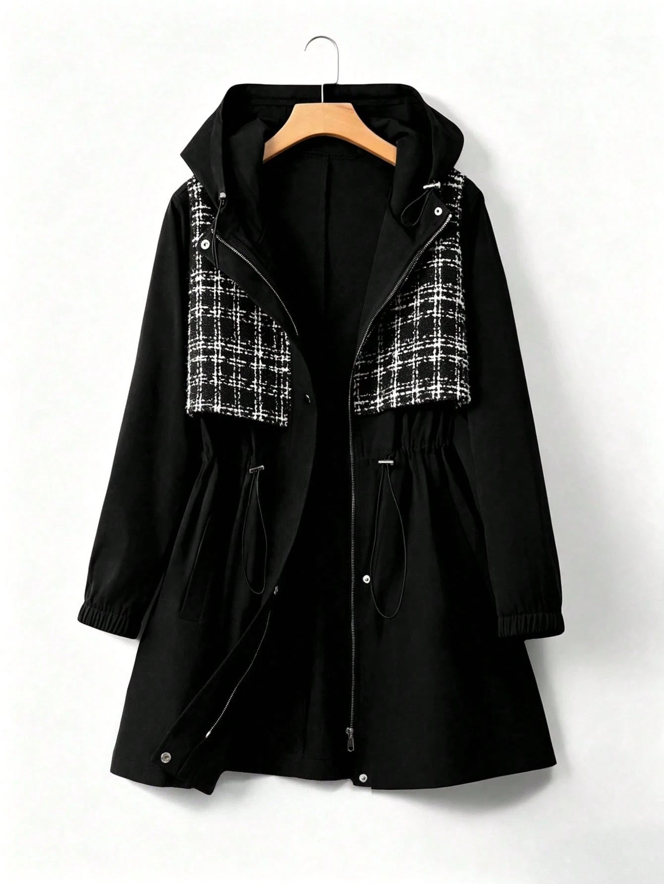 EMERY ROSE Plus Size Women's American Retro Casual Style Patchwork Plaid Hooded Trench Coat, Waist Drawstring + Elastic Cuffs Loose Fit Slimming Design, Suitable For Daily Wear, Casual Entertainment
