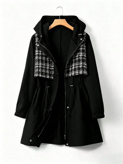 EMERY ROSE Plus Size Women's American Retro Casual Style Patchwork Plaid Hooded Trench Coat, Waist Drawstring + Elastic Cuffs Loose Fit Slimming Design, Suitable For Daily Wear, Casual Entertainment