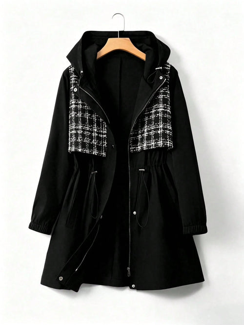 EMERY ROSE Plus Size Women's American Retro Casual Style Patchwork Plaid Hooded Trench Coat, Waist Drawstring + Elastic Cuffs Loose Fit Slimming Design, Suitable For Daily Wear, Casual Entertainment
