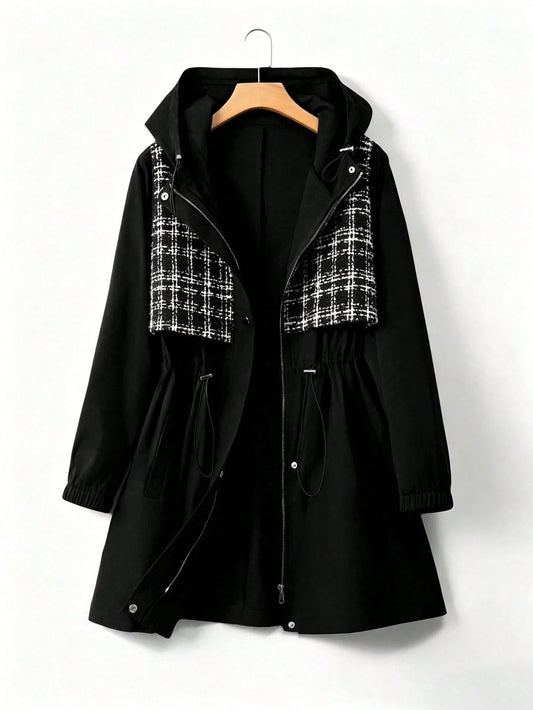 EMERY ROSE Plus Size Women's American Retro Casual Style Patchwork Plaid Hooded Trench Coat, Waist Drawstring + Elastic Cuffs Loose Fit Slimming Design, Suitable For Daily Wear, Casual Entertainment