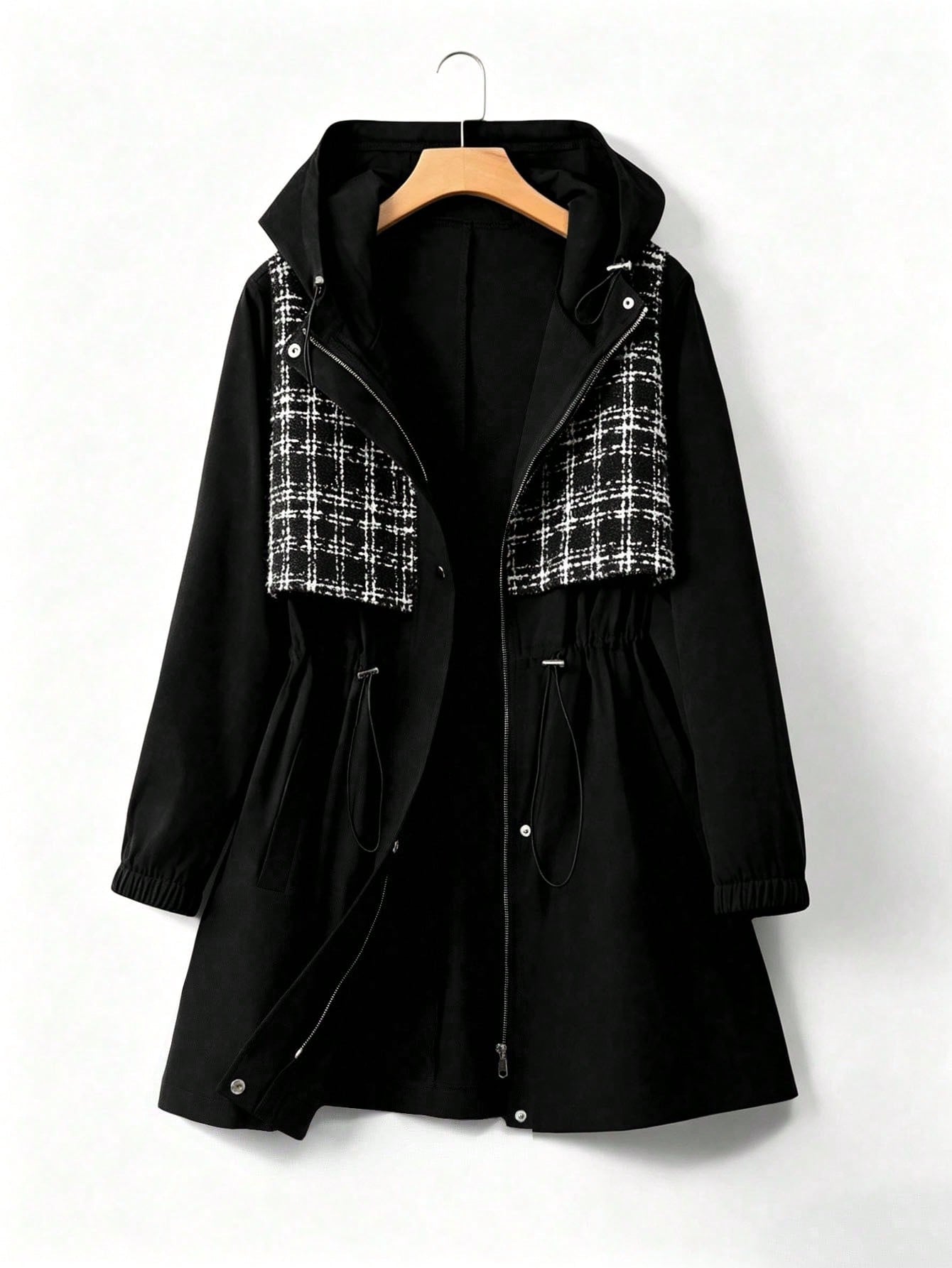 EMERY ROSE Plus Size Women's American Retro Casual Style Patchwork Plaid Hooded Trench Coat, Waist Drawstring + Elastic Cuffs Loose Fit Slimming Design, Suitable For Daily Wear, Casual Entertainment