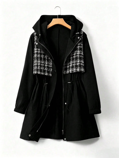 EMERY ROSE Plus Size Women's American Retro Casual Style Patchwork Plaid Hooded Trench Coat, Waist Drawstring + Elastic Cuffs Loose Fit Slimming Design, Suitable For Daily Wear, Casual Entertainment
