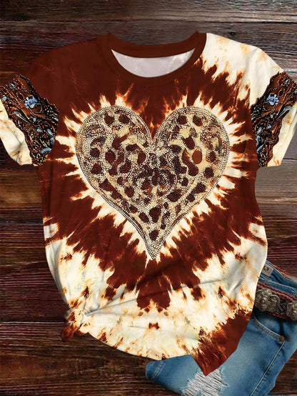 EMERY ROSE Plus Size Women's American Vintage Tie-Dye Leopard Print Heart Rhinestone Short Sleeve T-Shirt, Valentine's Day Limited Edition Exquisite Loose Top For Casual Daily Wear And Dating