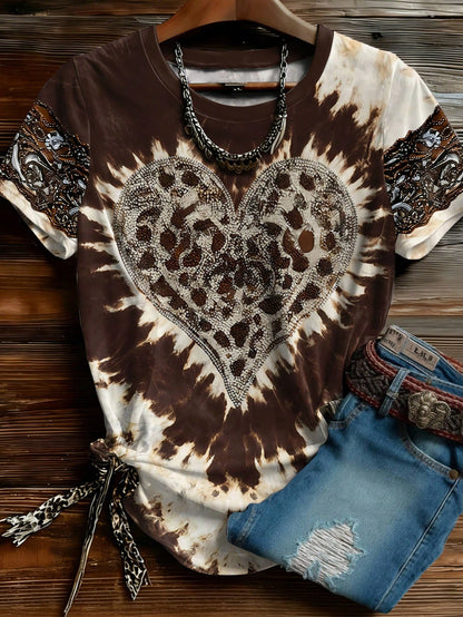 EMERY ROSE Plus Size Women's American Vintage Tie-Dye Leopard Print Heart Rhinestone Short Sleeve T-Shirt, Valentine's Day Limited Edition Exquisite Loose Top For Casual Daily Wear And Dating