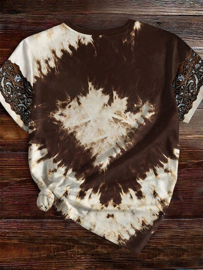 EMERY ROSE Plus Size Women's American Vintage Tie-Dye Leopard Print Heart Rhinestone Short Sleeve T-Shirt, Valentine's Day Limited Edition Exquisite Loose Top For Casual Daily Wear And Dating