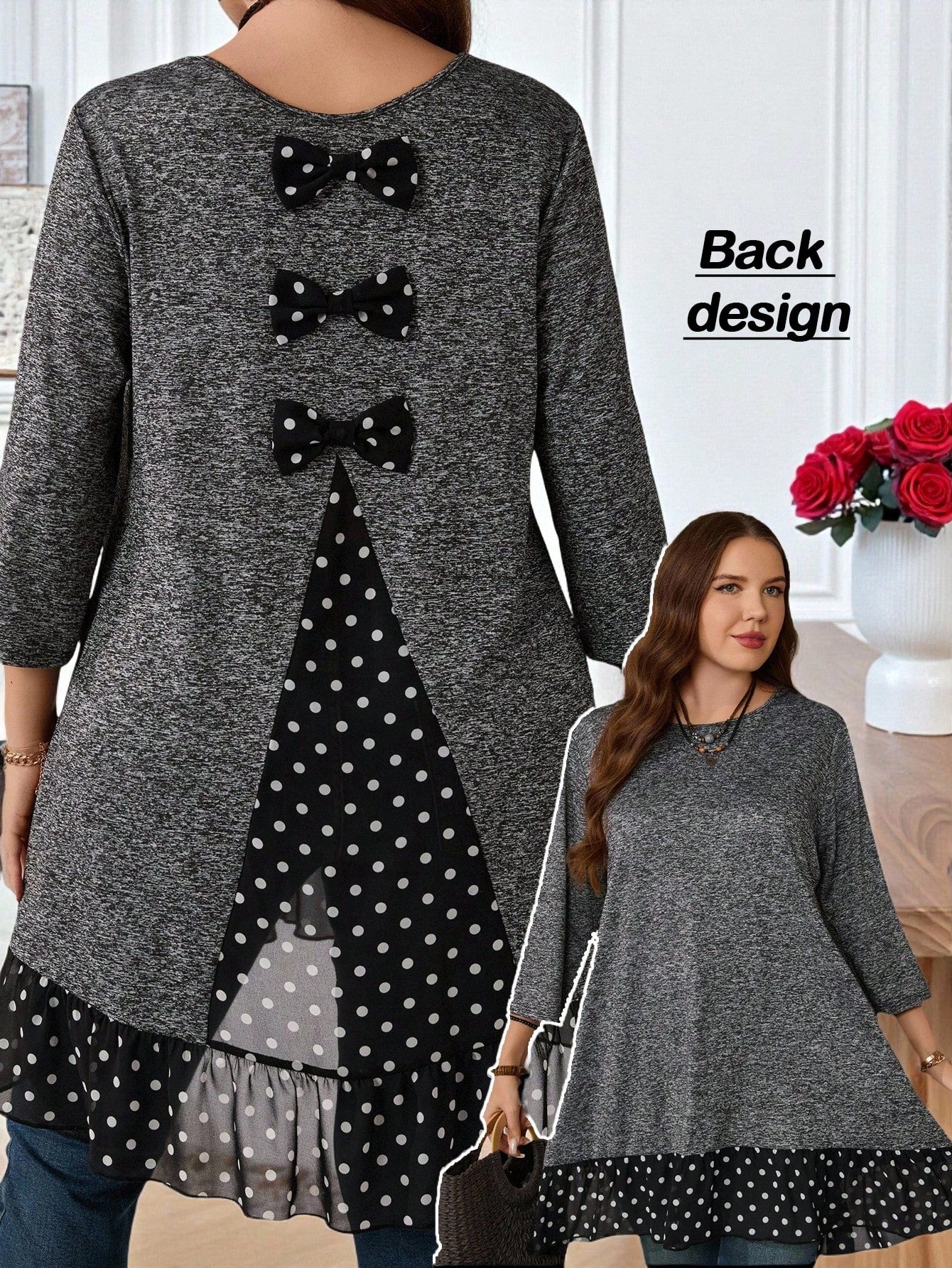 EMERY ROSE Plus Size Women's Brown Polka,Autumn,Cute,Everyday Grey Polka Dot Patchwork T-Shirt With Bow Decor And Ruffle Hem,Casual Fashion High Low Tunic Tops