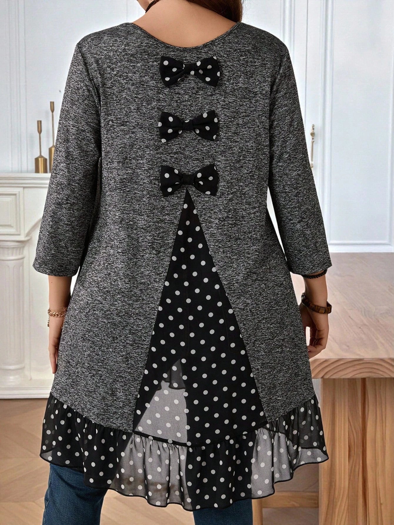 EMERY ROSE Plus Size Women's Brown Polka,Autumn,Cute,Everyday Grey Polka Dot Patchwork T-Shirt With Bow Decor And Ruffle Hem,Casual Fashion High Low Tunic Tops
