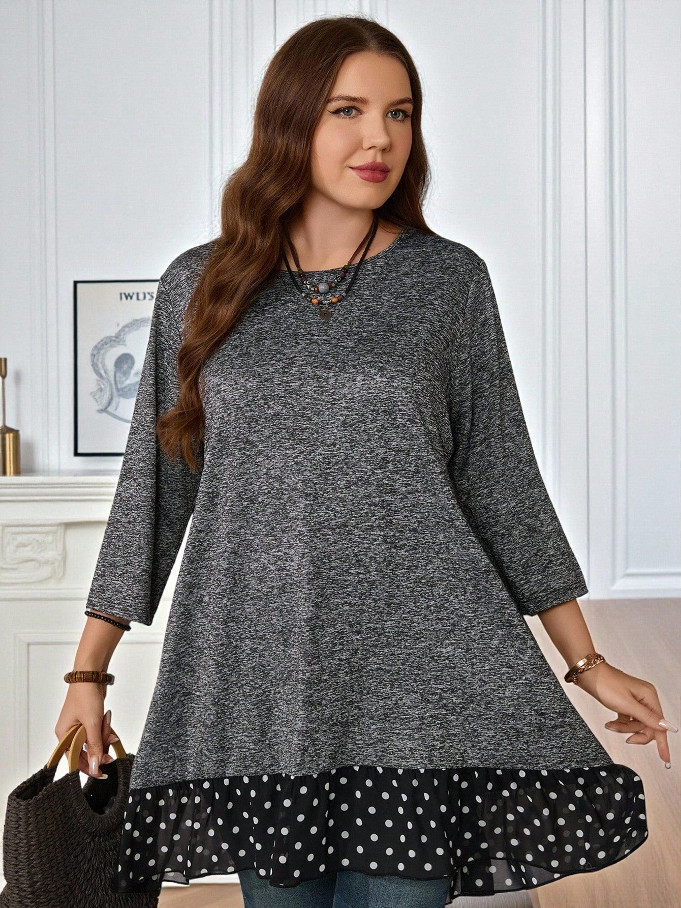 EMERY ROSE Plus Size Women's Brown Polka,Autumn,Cute,Everyday Grey Polka Dot Patchwork T-Shirt With Bow Decor And Ruffle Hem,Casual Fashion High Low Tunic Tops