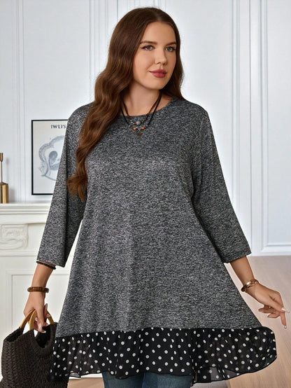 EMERY ROSE Plus Size Women's Brown Polka,Autumn,Cute,Everyday Grey Polka Dot Patchwork T-Shirt With Bow Decor And Ruffle Hem,Casual Fashion High Low Tunic Tops