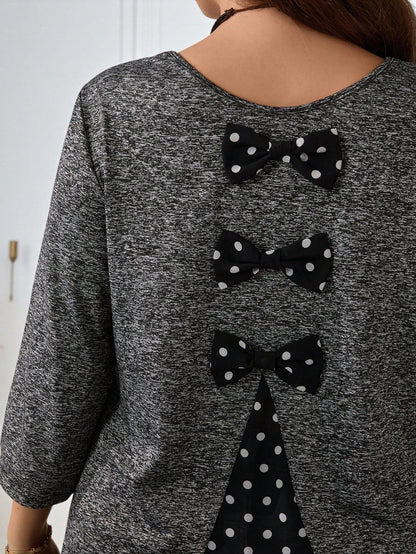 EMERY ROSE Plus Size Women's Brown Polka,Autumn,Cute,Everyday Grey Polka Dot Patchwork T-Shirt With Bow Decor And Ruffle Hem,Casual Fashion High Low Tunic Tops
