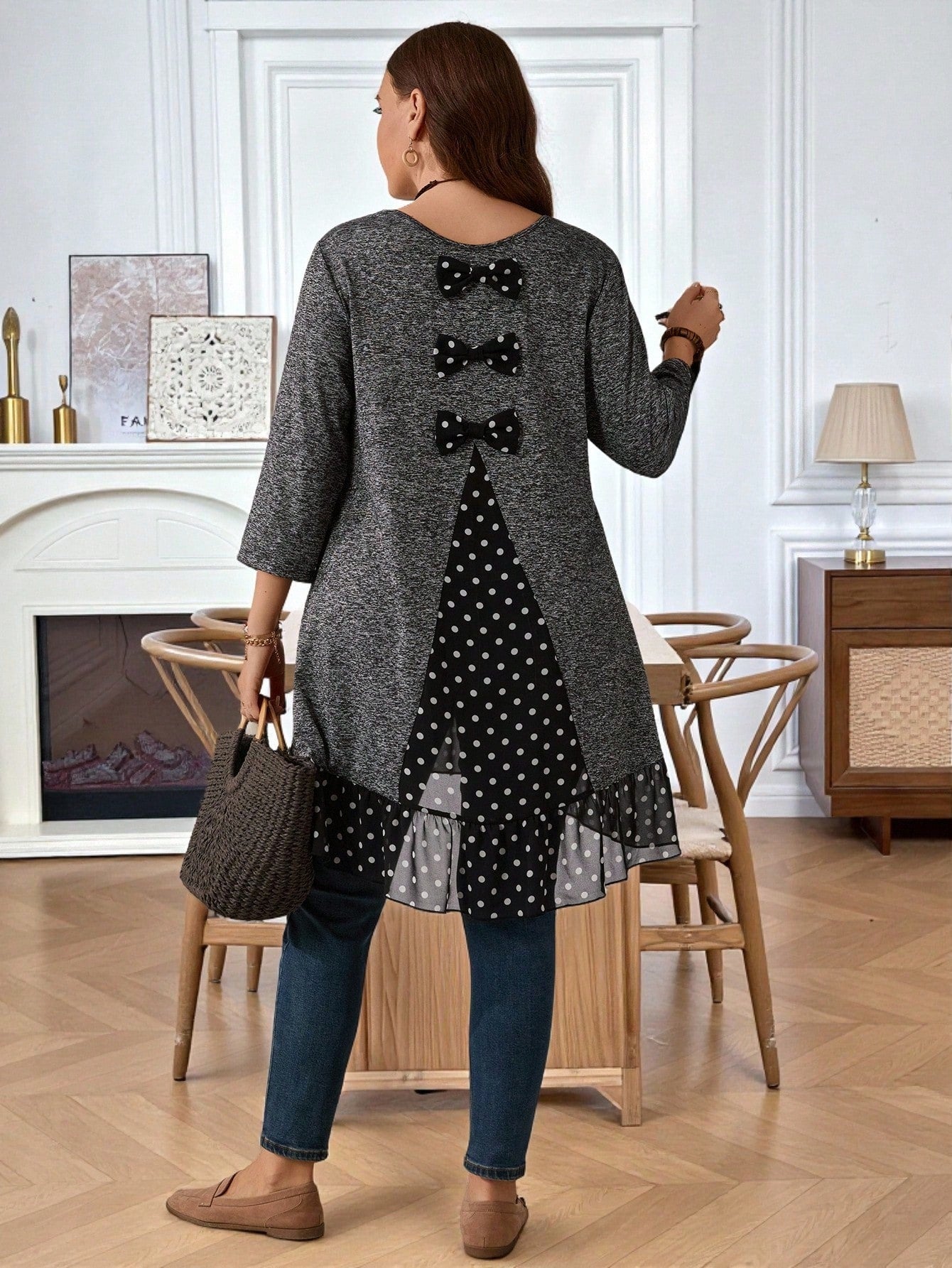 EMERY ROSE Plus Size Women's Brown Polka,Autumn,Cute,Everyday Grey Polka Dot Patchwork T-Shirt With Bow Decor And Ruffle Hem,Casual Fashion High Low Tunic Tops