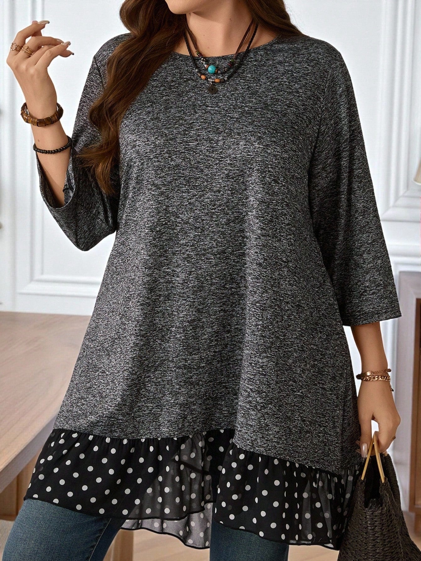 EMERY ROSE Plus Size Women's Brown Polka,Autumn,Cute,Everyday Grey Polka Dot Patchwork T-Shirt With Bow Decor And Ruffle Hem,Casual Fashion High Low Tunic Tops