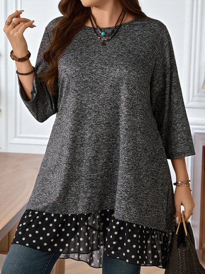 EMERY ROSE Plus Size Women's Brown Polka,Autumn,Cute,Everyday Grey Polka Dot Patchwork T-Shirt With Bow Decor And Ruffle Hem,Casual Fashion High Low Tunic Tops