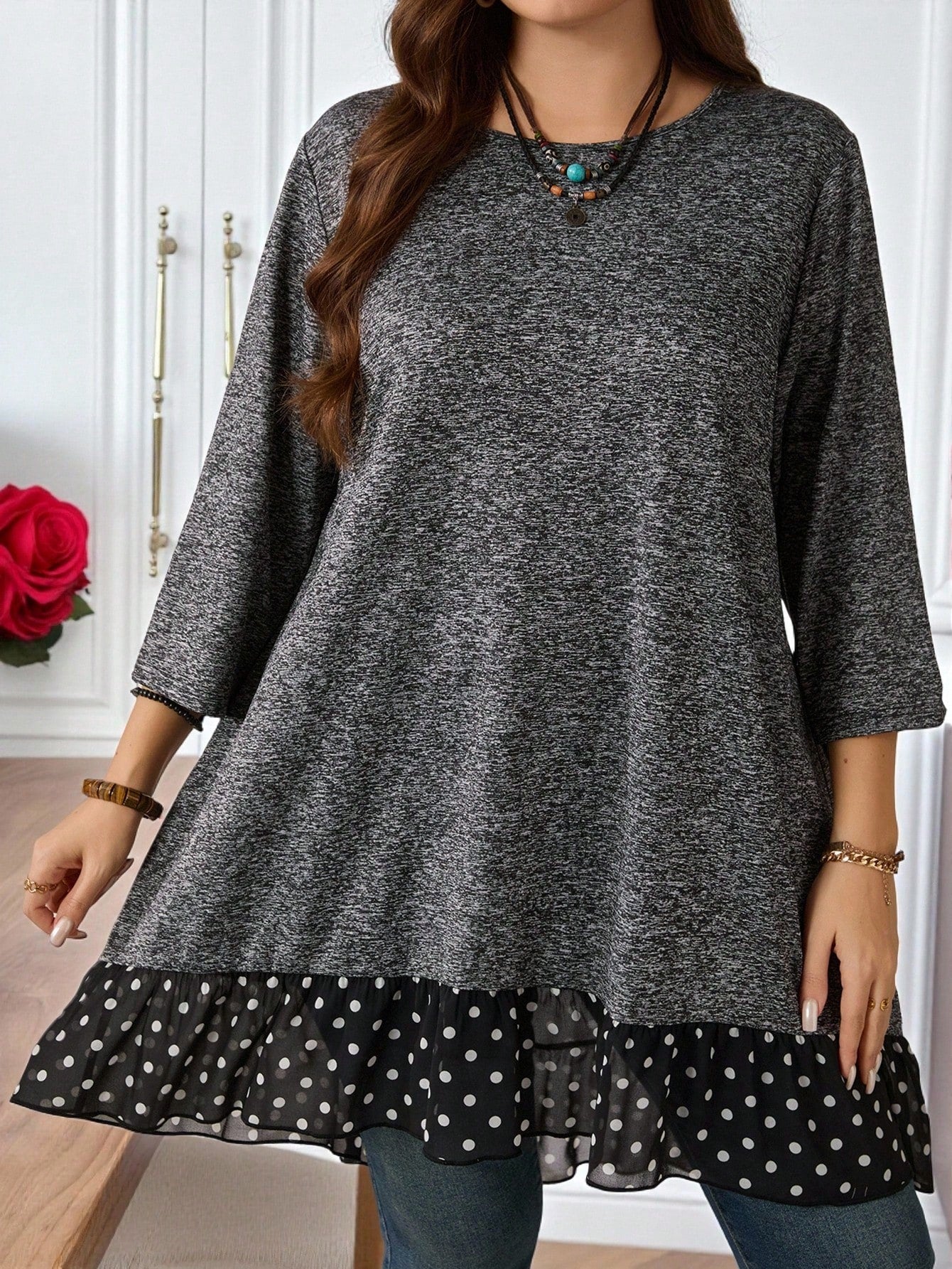 EMERY ROSE Plus Size Women's Brown Polka,Autumn,Cute,Everyday Grey Polka Dot Patchwork T-Shirt With Bow Decor And Ruffle Hem,Casual Fashion High Low Tunic Tops