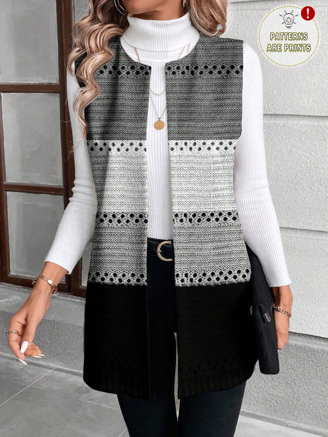EMERY ROSE Plus Size Women's Casual Colorblock Striped Print Lightweight Coat,Autumn Sleeveless Cardigan,Elegant Black And White Social Coat,New Year,Spring Fall