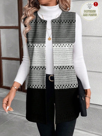 EMERY ROSE Plus Size Women's Casual Colorblock Striped Print Lightweight Coat,Autumn Sleeveless Cardigan,Elegant Black And White Social Coat,New Year,Spring Fall