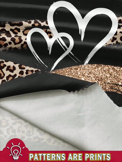 EMERY ROSE Plus Size Women's Casual Leopard And Heart Printed Loose Short Sleeve T-Shirt, Suitable For Summer,Spring