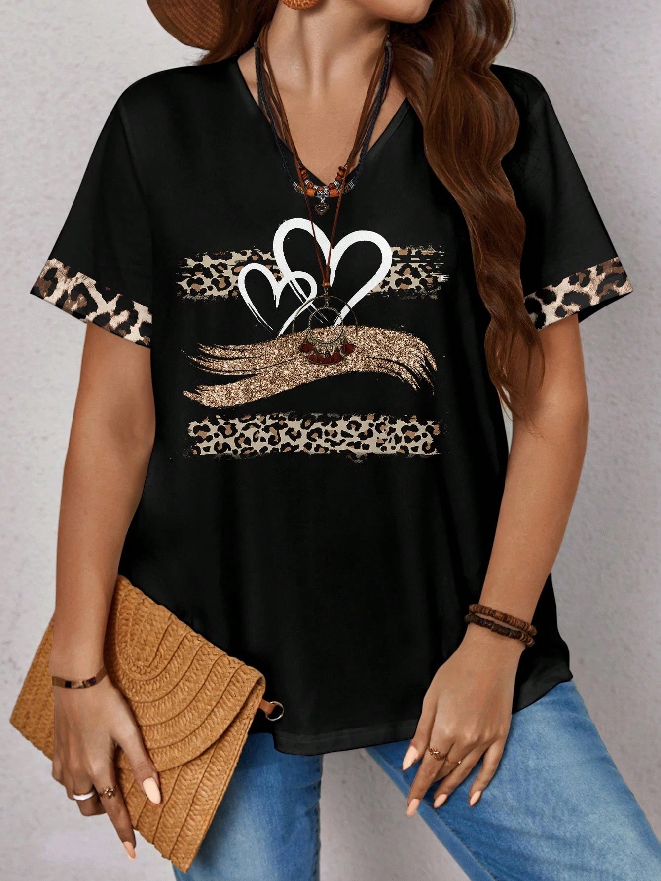 EMERY ROSE Plus Size Women's Casual Leopard And Heart Printed Loose Short Sleeve T-Shirt, Suitable For Summer,Spring