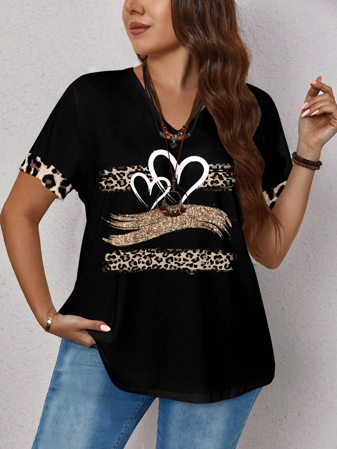 EMERY ROSE Plus Size Women's Casual Leopard And Heart Printed Loose Short Sleeve T-Shirt, Suitable For Summer,Spring
