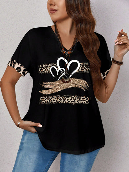 EMERY ROSE Plus Size Women's Casual Leopard And Heart Printed Loose Short Sleeve T-Shirt, Suitable For Summer,Spring