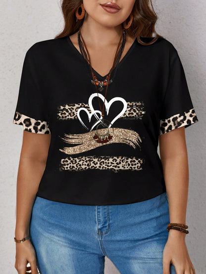 EMERY ROSE Plus Size Women's Casual Leopard And Heart Printed Loose Short Sleeve T-Shirt, Suitable For Summer,Spring