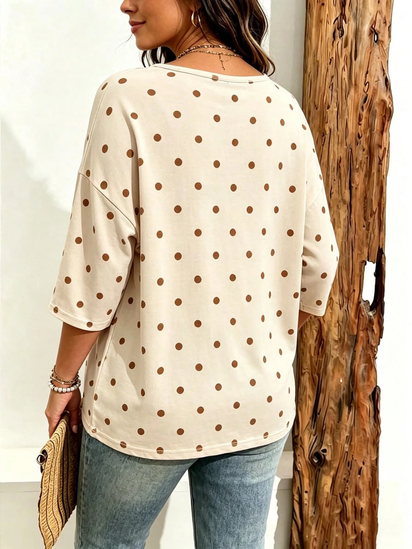 EMERY ROSE Plus Size Women's Casual Minimalist Polka Dot Print Drop Shoulder T-Shirt, Suitable For Summer Wear