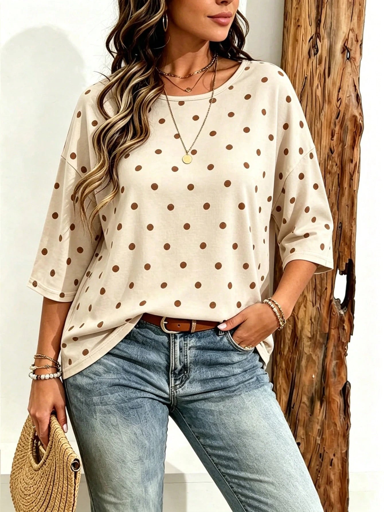 EMERY ROSE Plus Size Women's Casual Minimalist Polka Dot Print Drop Shoulder T-Shirt, Suitable For Summer Wear