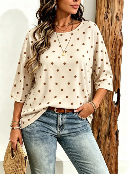 EMERY ROSE Plus Size Women's Casual Minimalist Polka Dot Print Drop Shoulder T-Shirt, Suitable For Summer Wear