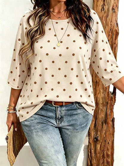 EMERY ROSE Plus Size Women's Casual Minimalist Polka Dot Print Drop Shoulder T-Shirt, Suitable For Summer Wear