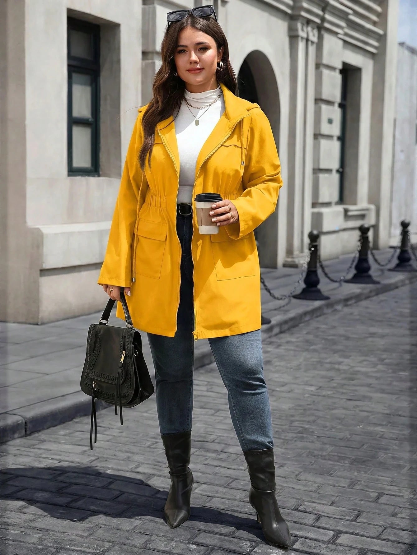 EMERY ROSE Plus Size Women's Cinched Waist Zipper Hooded Jacket Fall