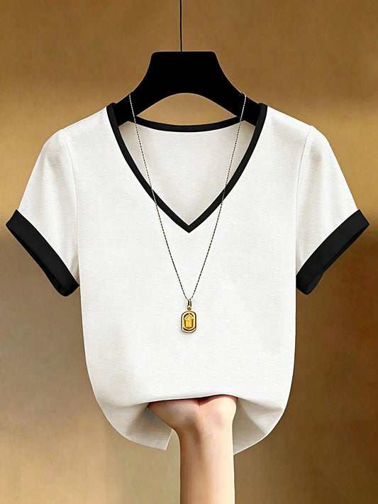 EMERY ROSE Plus Size Women's Elegant Contrast Color V-Neck Rolled Sleeve T-Shirt, Summer Casual
