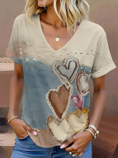 EMERY ROSE Plus Size Women's Elegant Contrast Color V-Neck Rolled Sleeve T-Shirt, Summer Casual