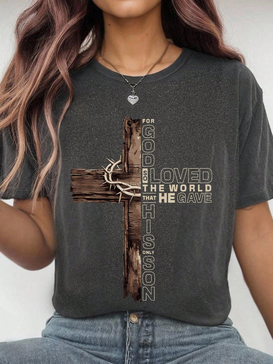 EMERY ROSE Plus Size Women's Faith Vintage Cross T-Shirt For Women, FOR GOD SO LOVED THE WORLD...Print Round Neck Short Sleeved T-Shirt
