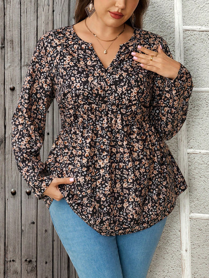 EMERY ROSE Plus Size Women's Floral Print Pleated Casual Versatile Daily Wear Blouse Fall