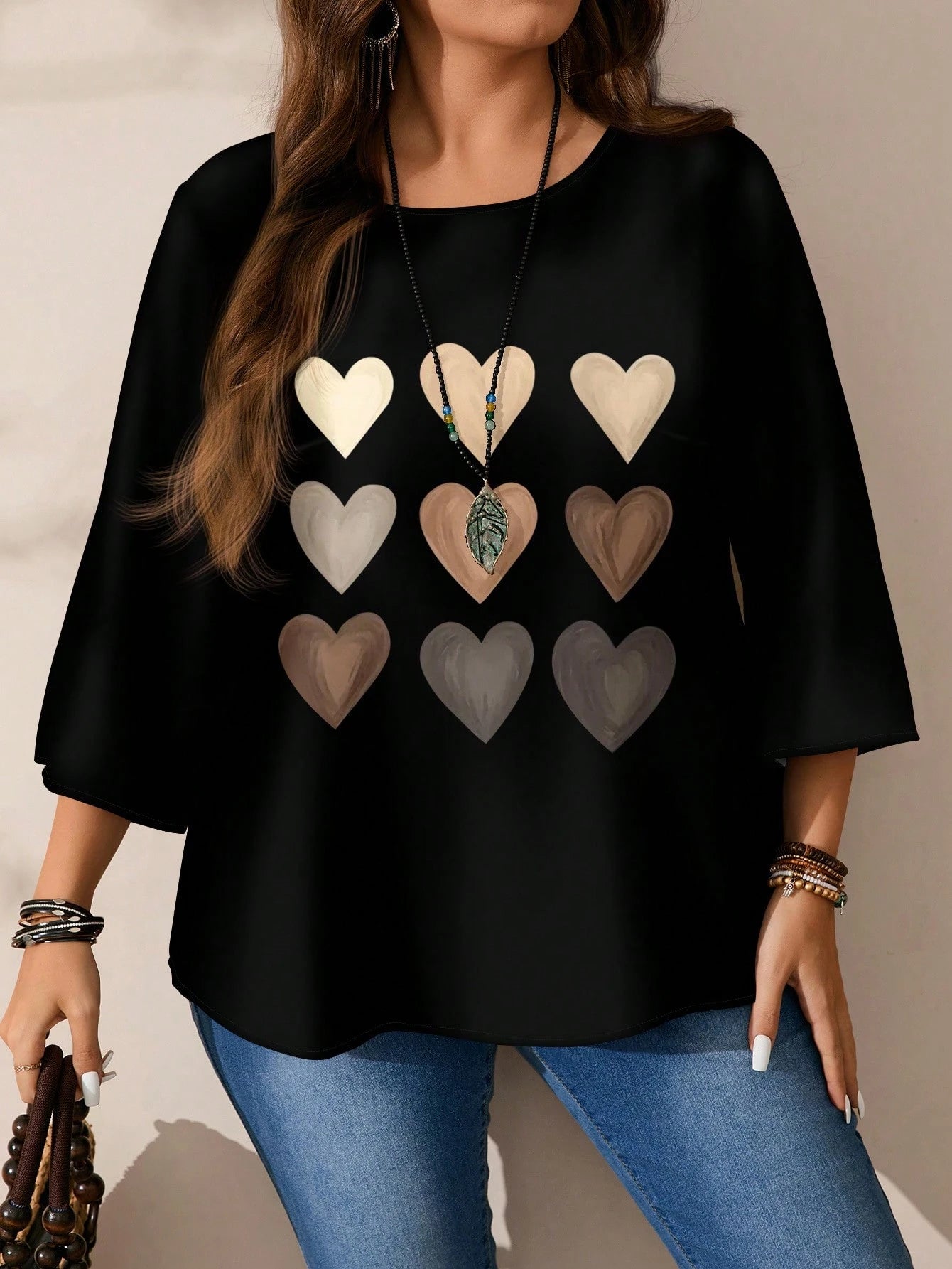 EMERY ROSE Plus Size Women's Heart Gradient Grid Pattern Print Casual Full Print Round Neck Loose 3/4 Sleeve Shirt Suitable For Spring And Summer